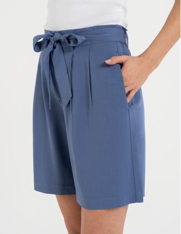 Szorty materiałowe - Spodenki damskie krótkie wiskozowe z wysokim stanem NIEBIESKI - produkt 2