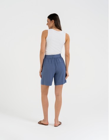 Szorty materiałowe - Spodenki damskie krótkie wiskozowe z wysokim stanem NIEBIESKI - produkt 6