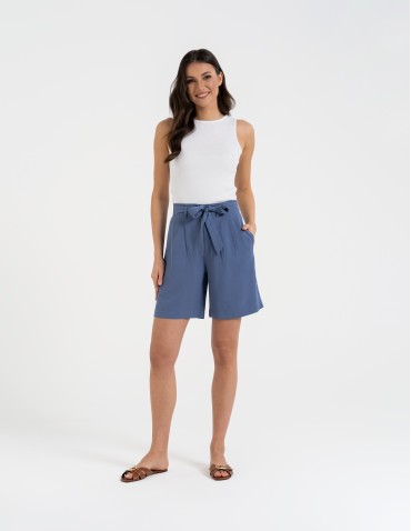 Szorty materiałowe - Spodenki damskie krótkie wiskozowe z wysokim stanem NIEBIESKI - produkt 1