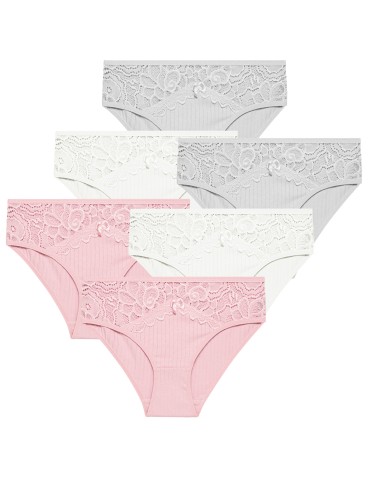 Majtki damskie figi bikini bawełniane w delikatny prążek z koronką 6-pak