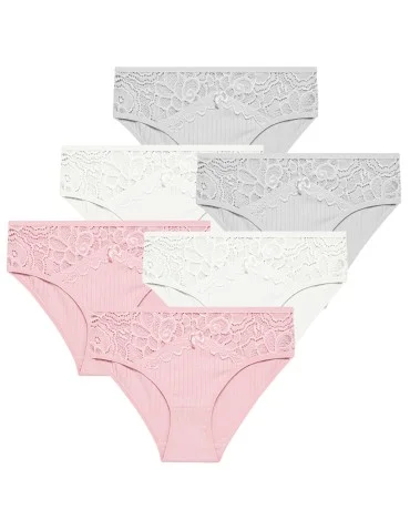Majtki damskie figi bikini bawełniane w delikatny prążek z koronką 6-pak