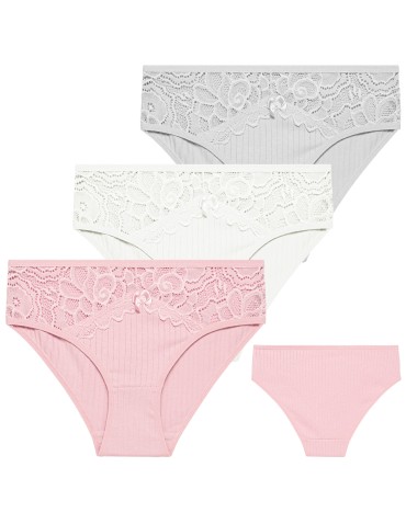 Majtki figi - Majtki damskie figi bikini bawełniane w delikatny prążek z koronką 6-pak WIELOKOLOROWY - produkt 6