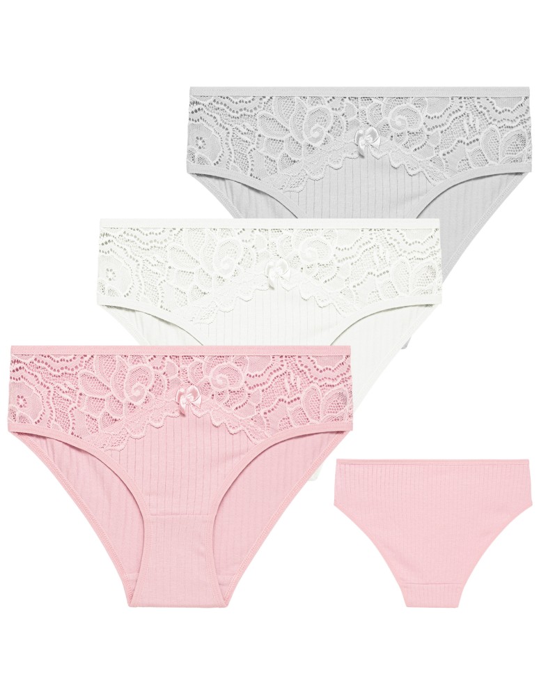 Majtki figi - Majtki damskie figi bikini bawełniane w delikatny prążek z koronką 6-pak WIELOKOLOROWY  - produkt moraj.pl 6