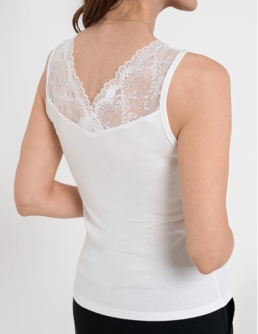 Bluzki bez rękawów - Bluzka damska prążkowana na szerokich koronkowych ramiączkach z wiskozy BIAŁY - produkt 2