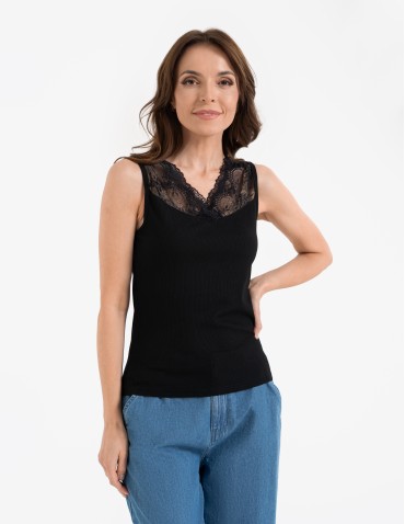 Bluzka damska prążkowana na szerokich koronkowych ramiączkach z wiskozy