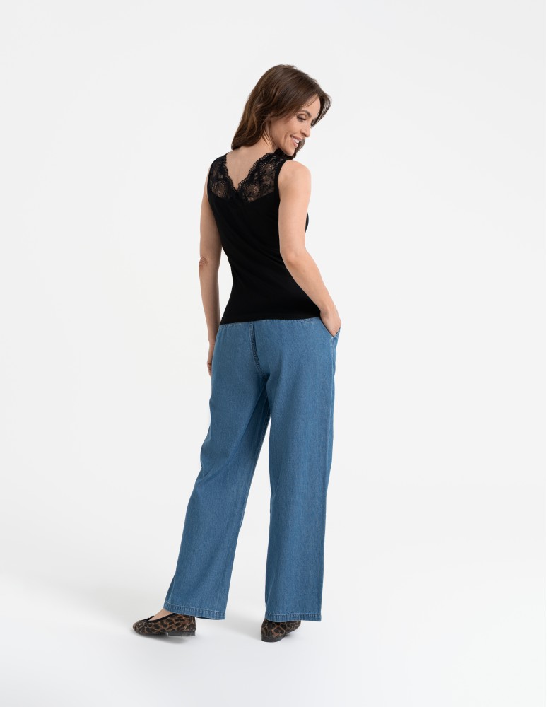 Bluzki bez rękawów - Bluzka damska prążkowana na szerokich koronkowych ramiączkach z wiskozy CZARNY  - produkt moraj.pl 7