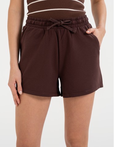 Szorty dresowe - Szorty damskie dresowe bawełniane krótkie klasyczne z wiązaniem BRĄZOWY - produkt 1