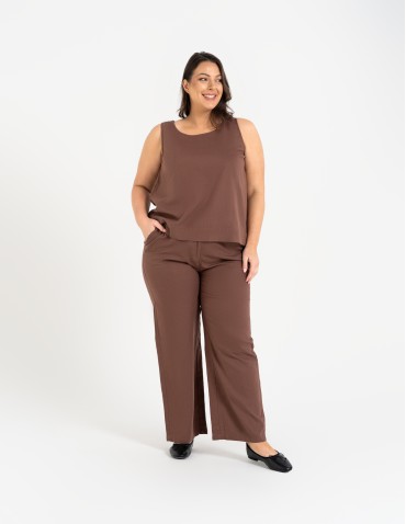 Spodnie damskie casual z lnu i wiskozy z kieszeniami - BRĄZOWY