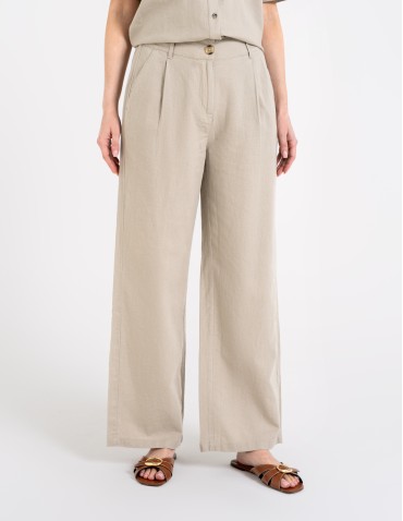 Spodnie materiałowe - Spodnie damskie casual z lnu i wiskozy z kieszeniami BEŻOWY - produkt 5