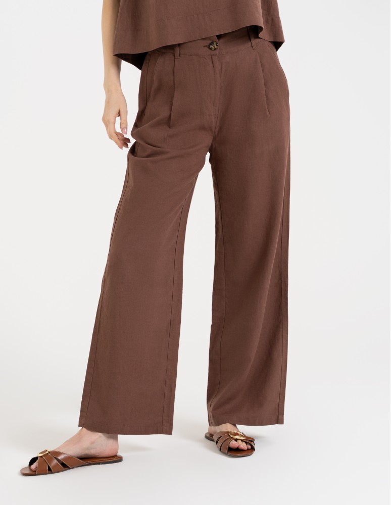 Spodnie materiałowe - Spodnie damskie casual z lnu i wiskozy z kieszeniami BRĄZOWY  - produkt moraj.pl 7