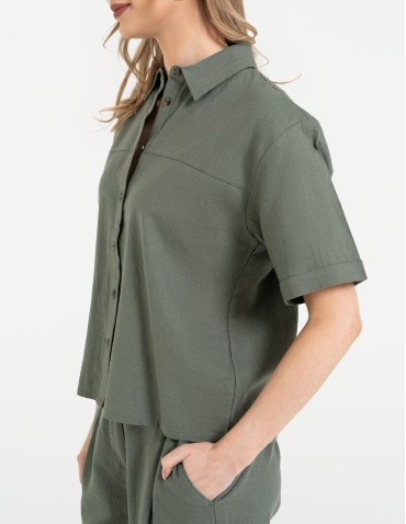 Koszule - Koszula damska casual elegancka z lnu i wiskozy i krótkim rękawem ZIELONY - produkt 6