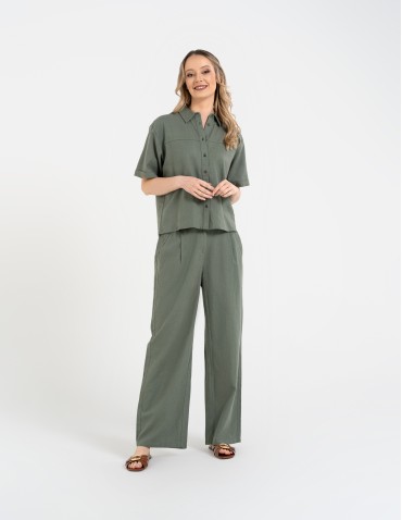 Koszule - Koszula damska casual elegancka z lnu i wiskozy i krótkim rękawem ZIELONY - produkt 5