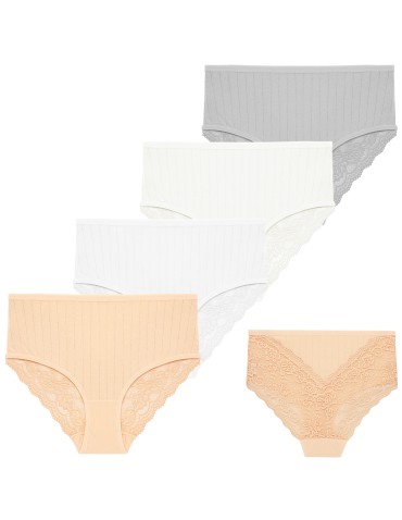 Majtki z wysokim stanem - Figi majtki damskie maxi bikini prążkowane z koronkowym tyłem 12-pak WIELOKOLOROWY - produkt 7