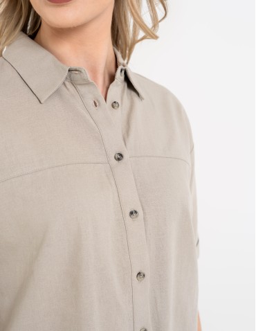 Koszula damska casual elegancka z lnu i wiskozy i krótkim rękawem - BEŻOWY - produkt 2