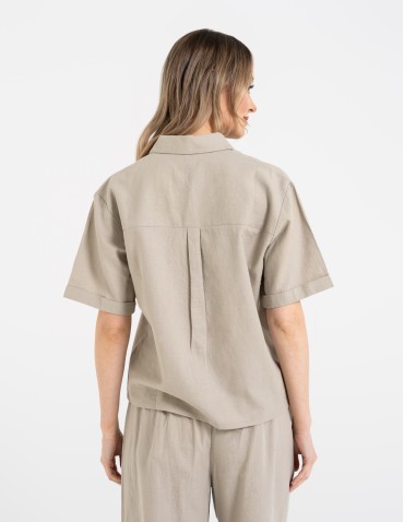 Koszule - Koszula damska casual elegancka z lnu i wiskozy i krótkim rękawem BEŻOWY - produkt 6