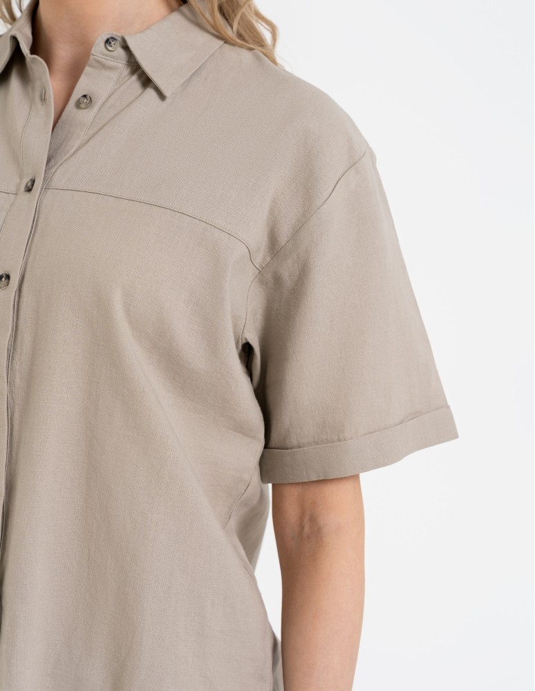 Koszule - Koszula damska casual elegancka z lnu i wiskozy i krótkim rękawem BEŻOWY  - produkt moraj.pl 4