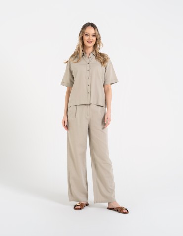 Koszule - Koszula damska casual elegancka z lnu i wiskozy i krótkim rękawem BEŻOWY - produkt 3