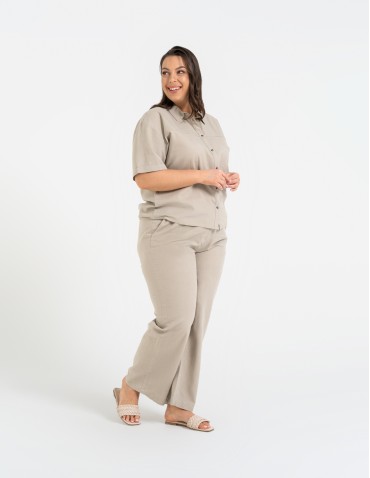 Koszule - Koszula damska casual elegancka z lnu i wiskozy i krótkim rękawem BEŻOWY - produkt 8