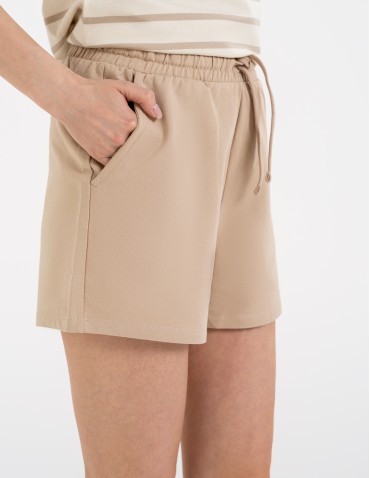 Szorty dresowe - Szorty damskie dresowe bawełniane krótkie klasyczne z wiązaniem BEŻOWY - produkt 8