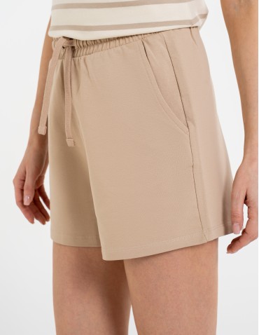 Szorty dresowe - Szorty damskie dresowe bawełniane krótkie klasyczne z wiązaniem BEŻOWY - produkt 2
