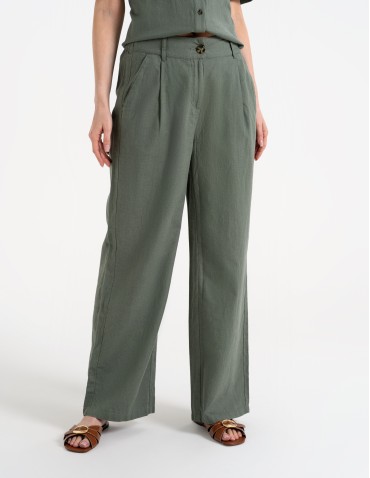 Spodnie materiałowe - Spodnie damskie casual z lnu i wiskozy z kieszeniami ZIELONY - produkt 7