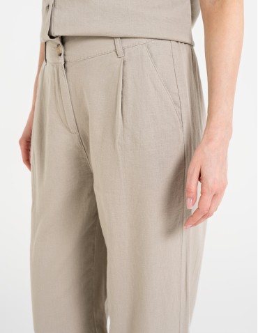 Spodnie materiałowe - Spodnie damskie casual z lnu i wiskozy z kieszeniami BEŻOWY - produkt 6