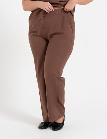 Spodnie damskie casual z lnu i wiskozy z kieszeniami - BRĄZOWY  - produkt 2