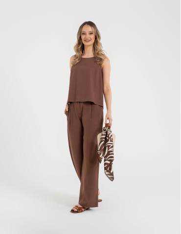 Spodnie materiałowe - Spodnie damskie casual z lnu i wiskozy z kieszeniami BRĄZOWY - produkt 1