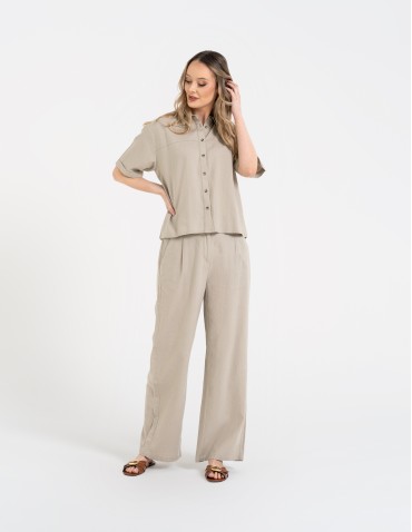 Koszule - Koszula damska casual elegancka z lnu i wiskozy i krótkim rękawem BEŻOWY - produkt 7