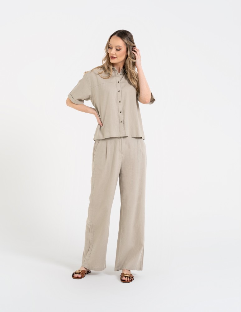 Koszule - Koszula damska casual elegancka z lnu i wiskozy i krótkim rękawem BEŻOWY  - produkt moraj.pl 7