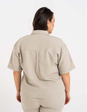 Koszule - Koszula damska casual elegancka z lnu i wiskozy i krótkim rękawem BEŻOWY - produkt 11
