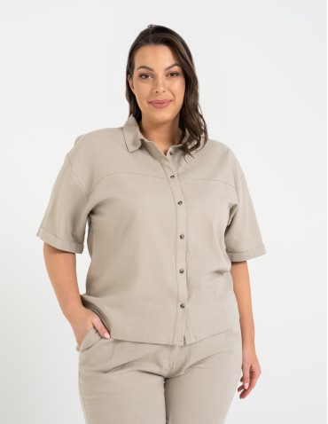 Koszule - Koszula damska casual elegancka z lnu i wiskozy i krótkim rękawem BEŻOWY - produkt 9