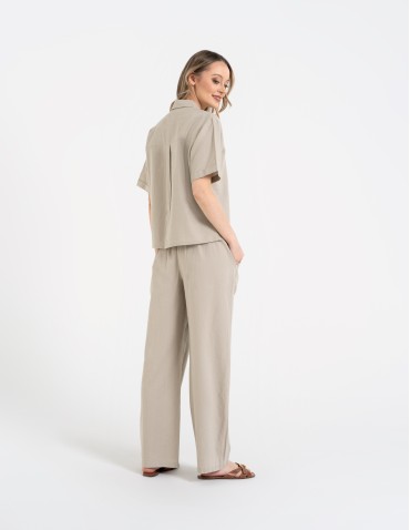 Koszule - Koszula damska casual elegancka z lnu i wiskozy i krótkim rękawem BEŻOWY - produkt 8