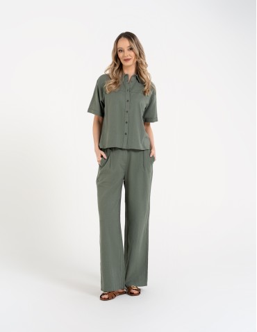 Koszule - Koszula damska casual elegancka z lnu i wiskozy i krótkim rękawem ZIELONY - produkt 3