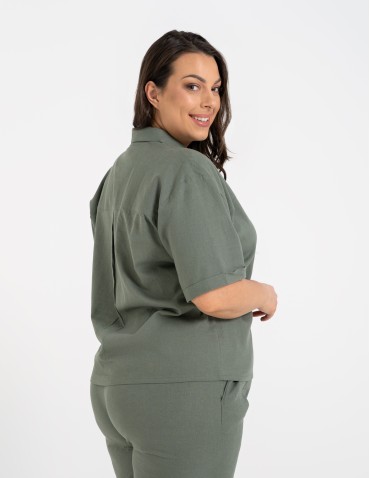 Koszule - Koszula damska casual elegancka z lnu i wiskozy i krótkim rękawem ZIELONY - produkt 11