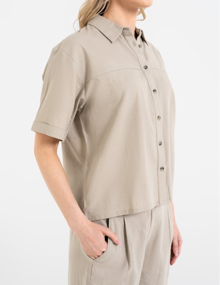 Koszule - Koszula damska casual elegancka z lnu i wiskozy i krótkim rękawem BEŻOWY - produkt moraj.pl 15