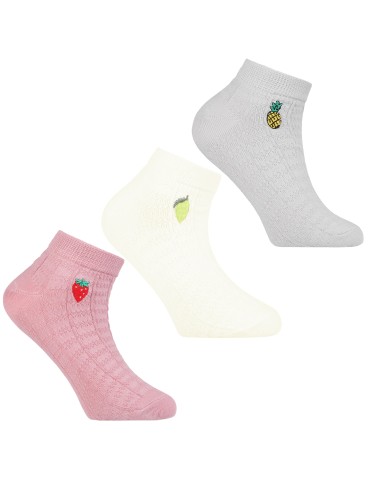 Skarpetki dziewczęce stopki bawełniane z owocowym haftem 3-pak - WIELOKOLOROWY