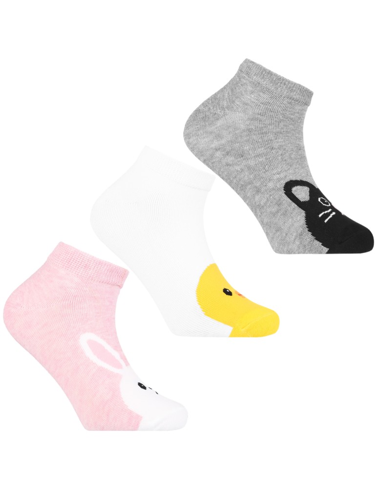 Skarpetki dziewczęce stopki bawełniane z uroczym motywem zwierzątek 3-pak WIELOKOLOROWY