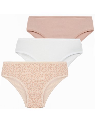 Majtki figi dziewczęce bawełniane gładkie i z panterkowym motywem 3-pak