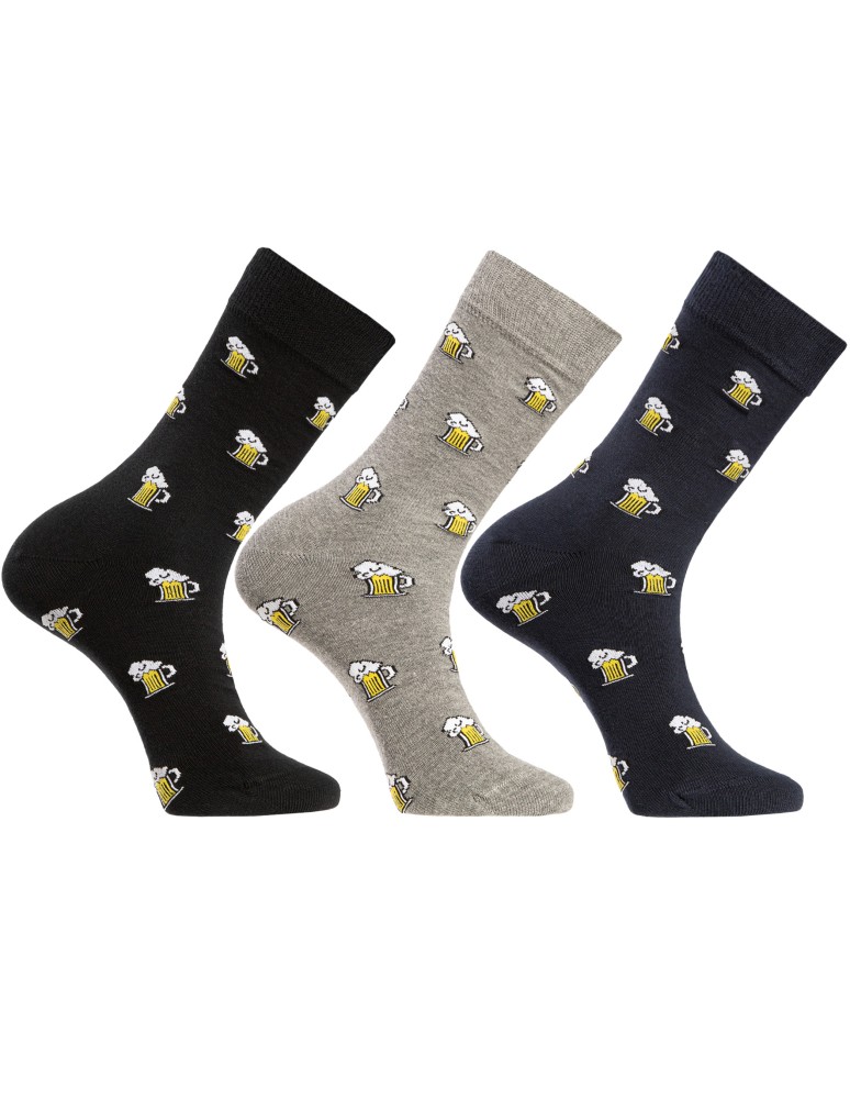 Skarpety męskie bawełniane długie wzór kufel piwa 3-pak WIELOKOLOROWY