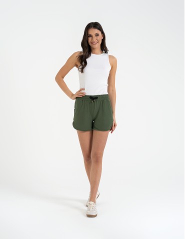 Szorty damskie letnie - Damskie szorty na gumce z wiązaniem KHAKI - produkt 1