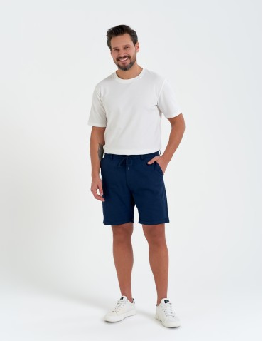 Szorty materiałowe - Spodenki męskie lniane casual wiązane z kieszeniami GRANATOWY - produkt 1