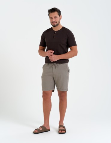 Szorty materiałowe - Spodenki męskie lniane casual wiązane z kieszeniami BEŻOWY - produkt 1