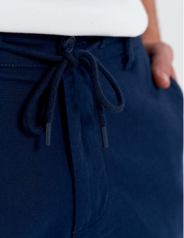 Szorty materiałowe - Spodenki męskie lniane casual wiązane z kieszeniami GRANATOWY - produkt 5