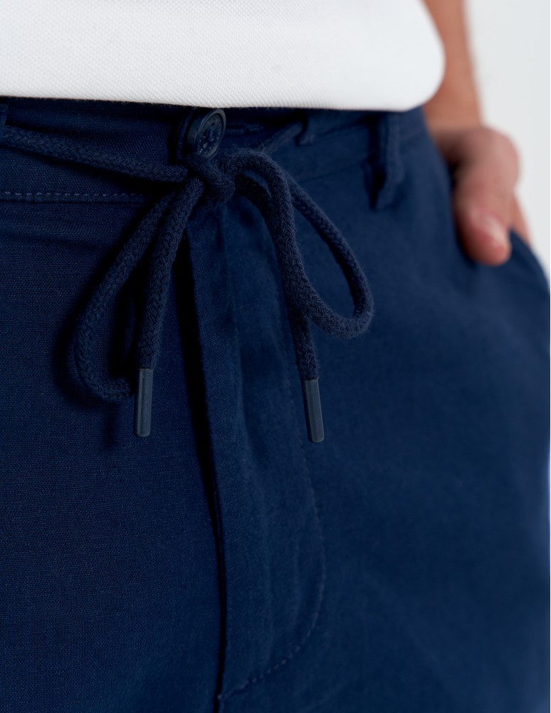 Szorty materiałowe - Spodenki męskie lniane casual wiązane z kieszeniami GRANATOWY - produkt moraj.pl 5