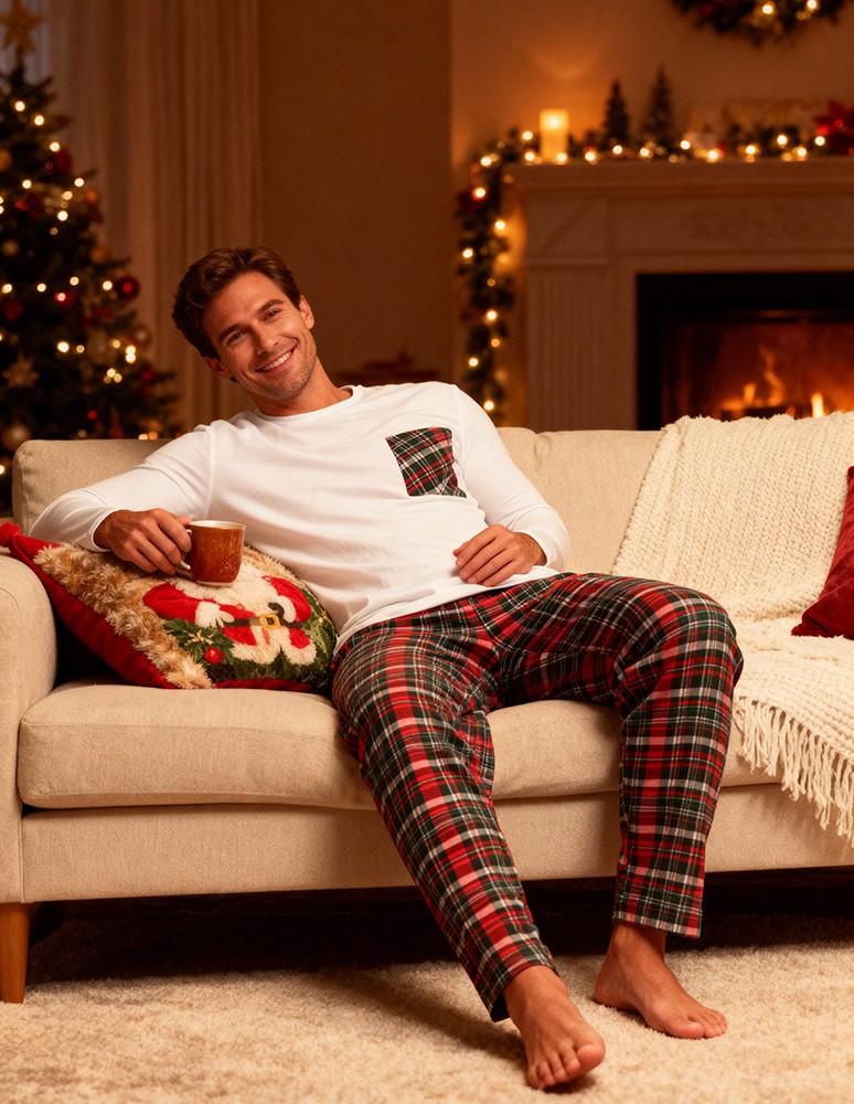 Piżamy z długim rękawem - Męska piżama z kraciastymi spodniami i białą koszulką WZÓR 1  - produkt moraj.pl 9