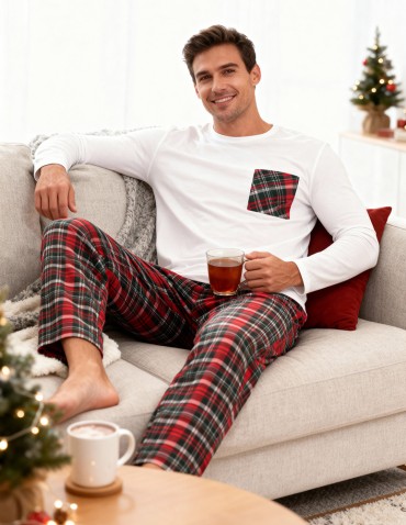 Piżamy z długim rękawem - Męska piżama z kraciastymi spodniami i białą koszulką WZÓR 1 - produkt 10