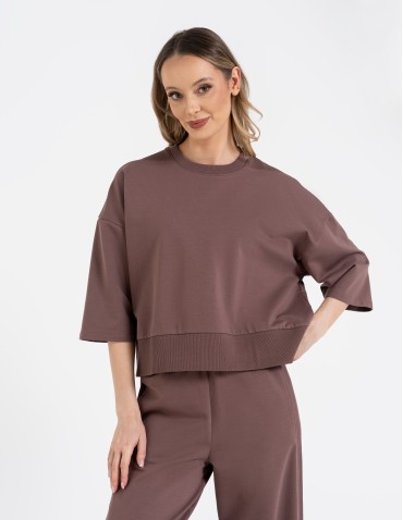 Bluza dresowa damska o luźnym kroju bez kaptura - MOKKA