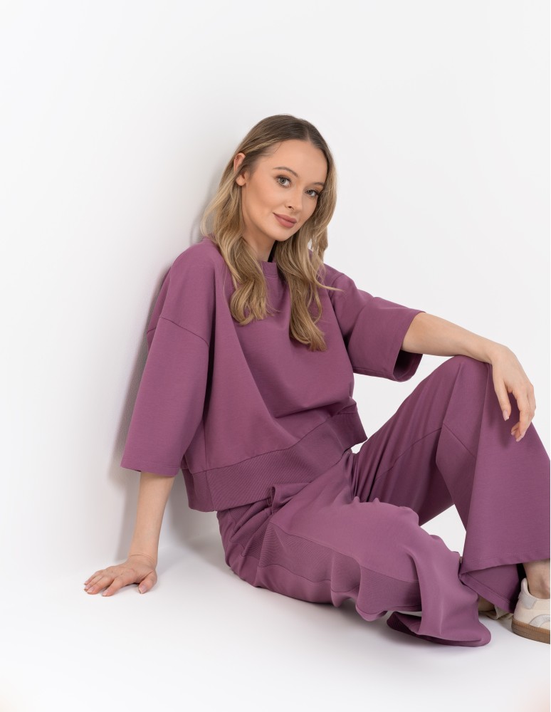 Bluza dresowa damska o luźnym kroju bez kaptura FIOLETOWY