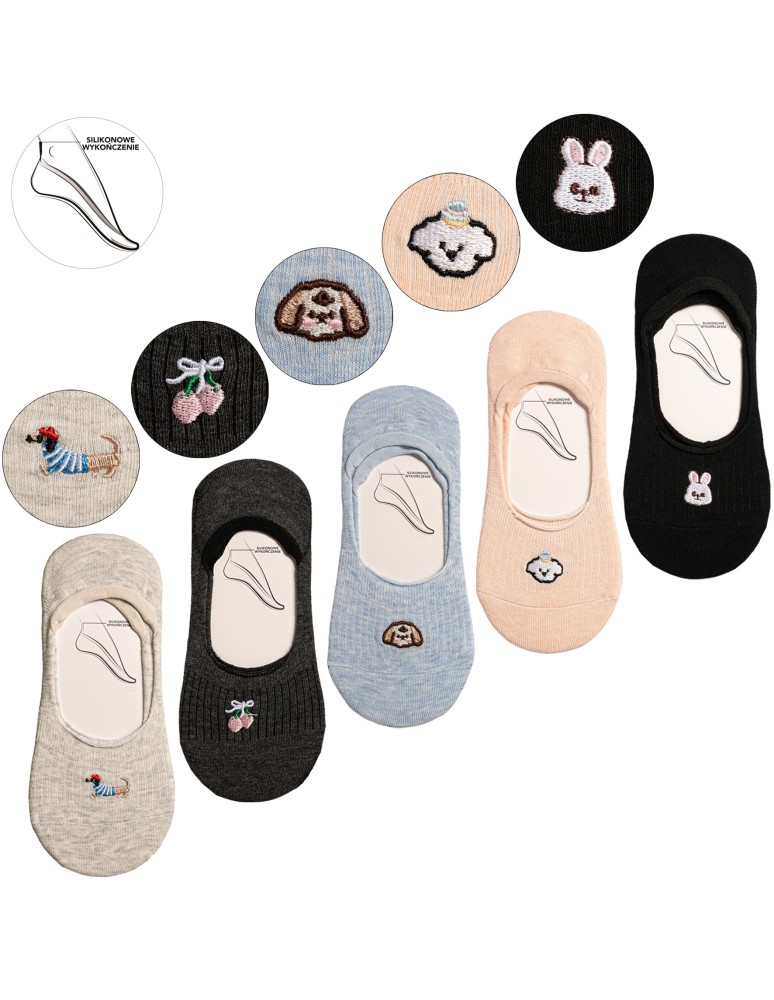 Niskie stopki - Skarpetki damskie niskie stopki bawełniane w urocze haftowane wzory 5-pak WIELOKOLOROWY - produkt moraj.pl 1